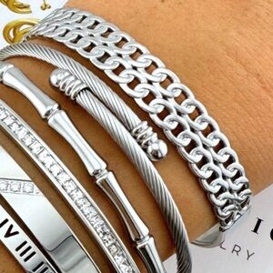 Elegant Stainless Steel Silver Cuff Chainlink Bangle Bracelet